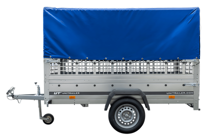 Gebrauchter Garden Trailer 230 KIPP Anhänger mit Gitteraufsätzen, blauer Hochplane und Stützrad