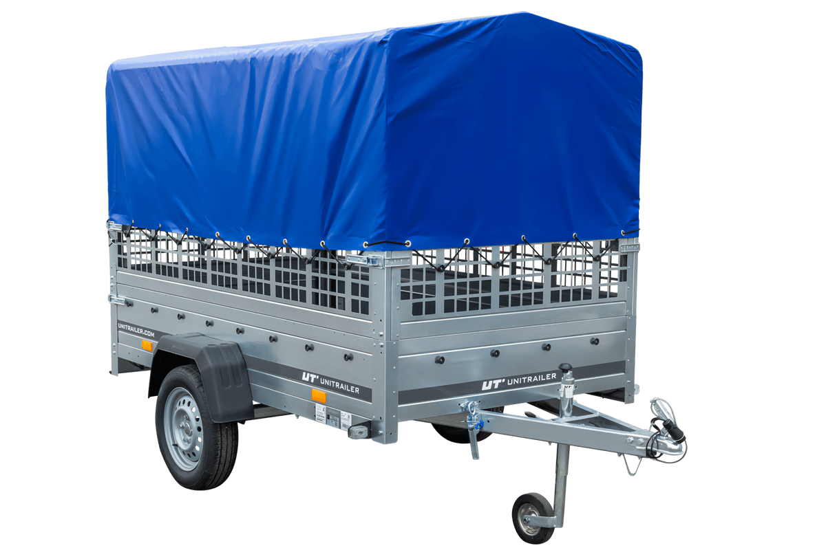 Gebrauchter Garden Trailer 230 KIPP Anhänger mit Gitteraufsätzen, blauer Hochplane und Stützrad