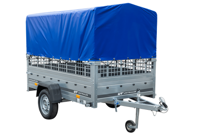 Gebrauchter Garden Trailer 230 KIPP Anhänger mit Gitteraufsätzen, blauer Hochplane und Stützrad