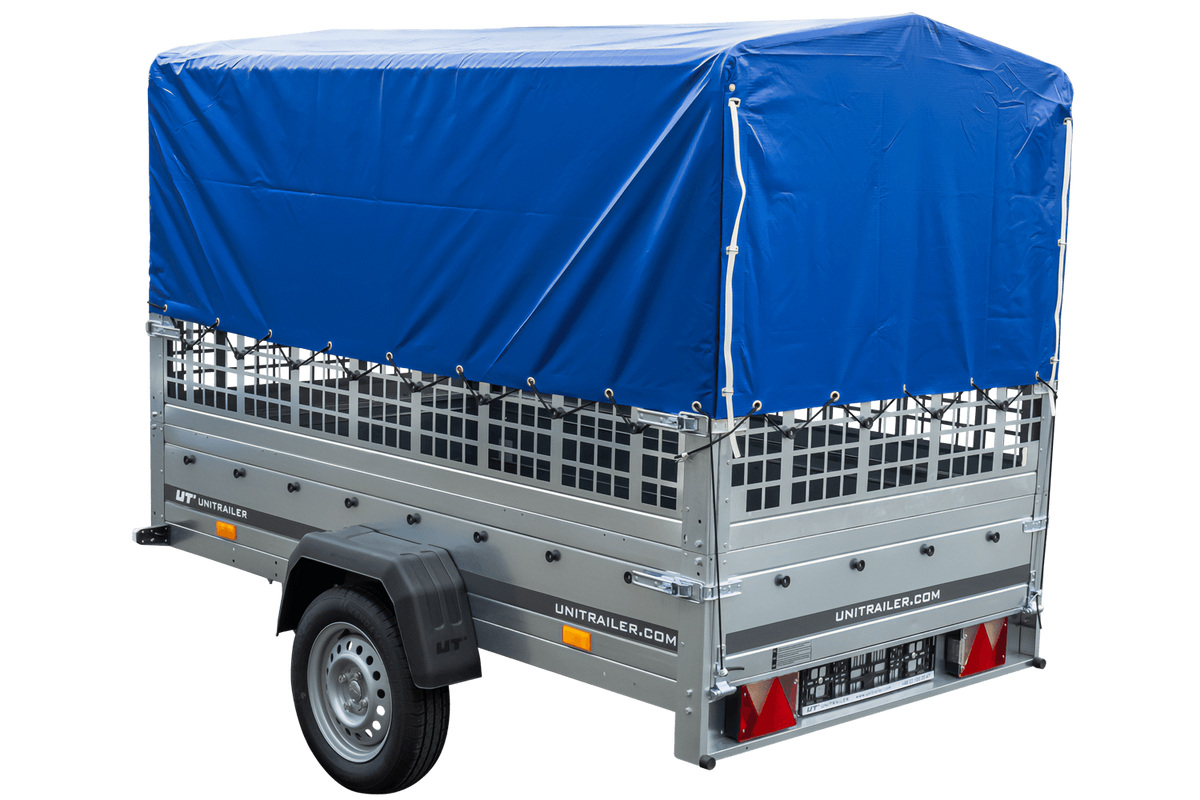 Gebrauchter Garden Trailer 230 KIPP Anhänger mit Gitteraufsätzen, blauer Hochplane und Stützrad