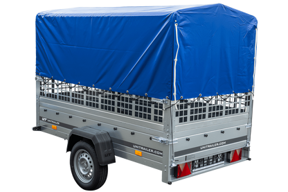 Gebrauchter Garden Trailer 230 KIPP Anhänger mit Gitteraufsätzen, blauer Hochplane und Stützrad
