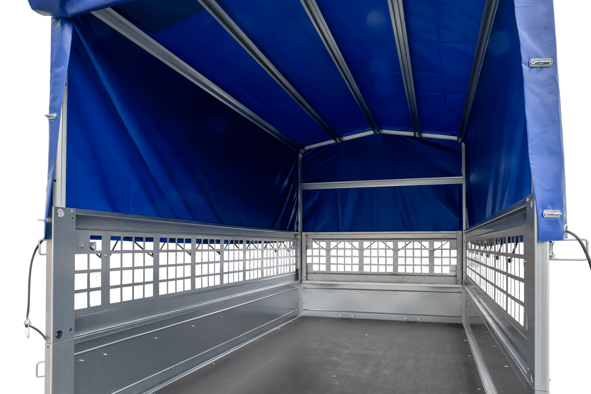Gebrauchter Garden Trailer 230 KIPP Anhänger mit Gitteraufsätzen, blauer Hochplane und Stützrad
