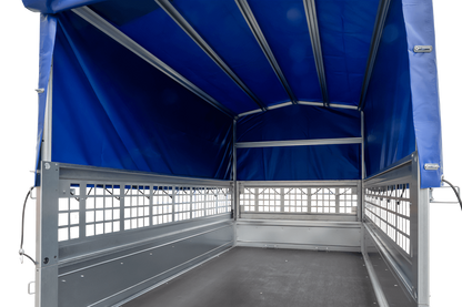 Gebrauchter Garden Trailer 230 KIPP Anhänger mit Gitteraufsätzen, blauer Hochplane und Stützrad