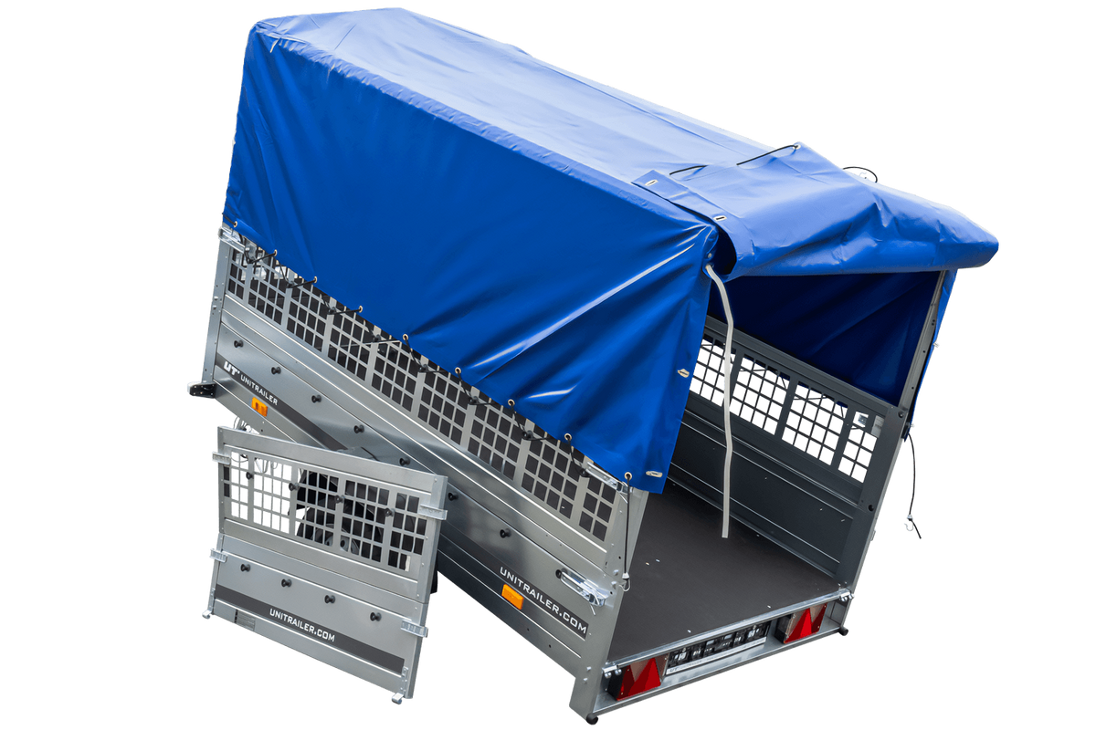 Gebrauchter Garden Trailer 230 KIPP Anhänger mit Gitteraufsätzen, blauer Hochplane und Stützrad
