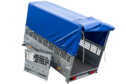 Gebrauchter Garden Trailer 230 KIPP Anhänger mit Gitteraufsätzen, blauer Hochplane und Stützrad