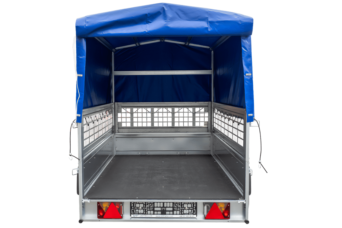 Gebrauchter Garden Trailer 230 KIPP Anhänger mit Gitteraufsätzen, blauer Hochplane und Stützrad