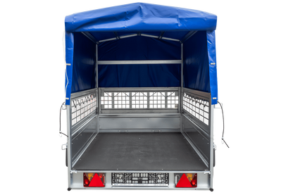 Gebrauchter Garden Trailer 230 KIPP Anhänger mit Gitteraufsätzen, blauer Hochplane und Stützrad