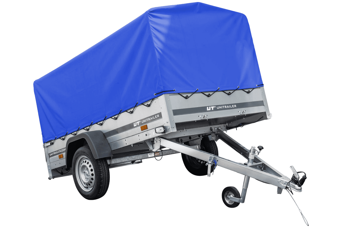 Garden Trailer 230 KIPP Anhänger 230 × 125 cm mit blauer Hochplane, H-800-Spriegel und Stützrad
