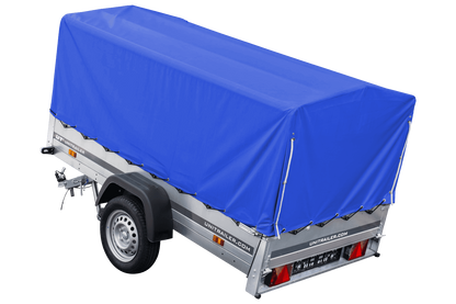 Garden Trailer 230 KIPP Anhänger 230 × 125 cm mit blauer Hochplane, H-800-Spriegel und Stützrad