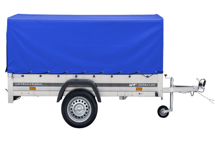 Garden Trailer 230 KIPP Anhänger 230 × 125 cm mit blauer Hochplane, H-800-Spriegel und Stützrad