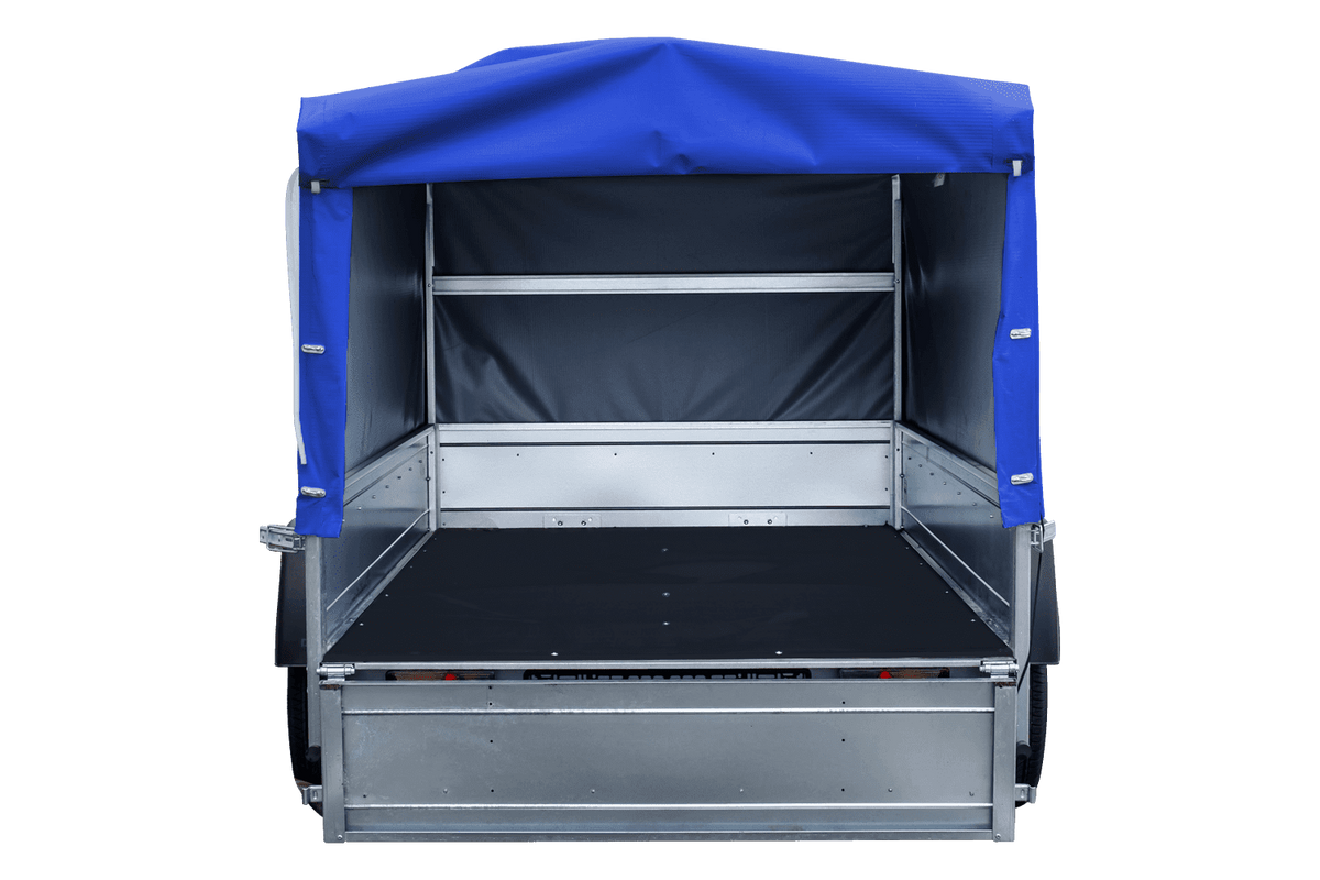 Garden Trailer 230 KIPP Anhänger 230 × 125 cm mit blauer Hochplane, H-800-Spriegel und Stützrad