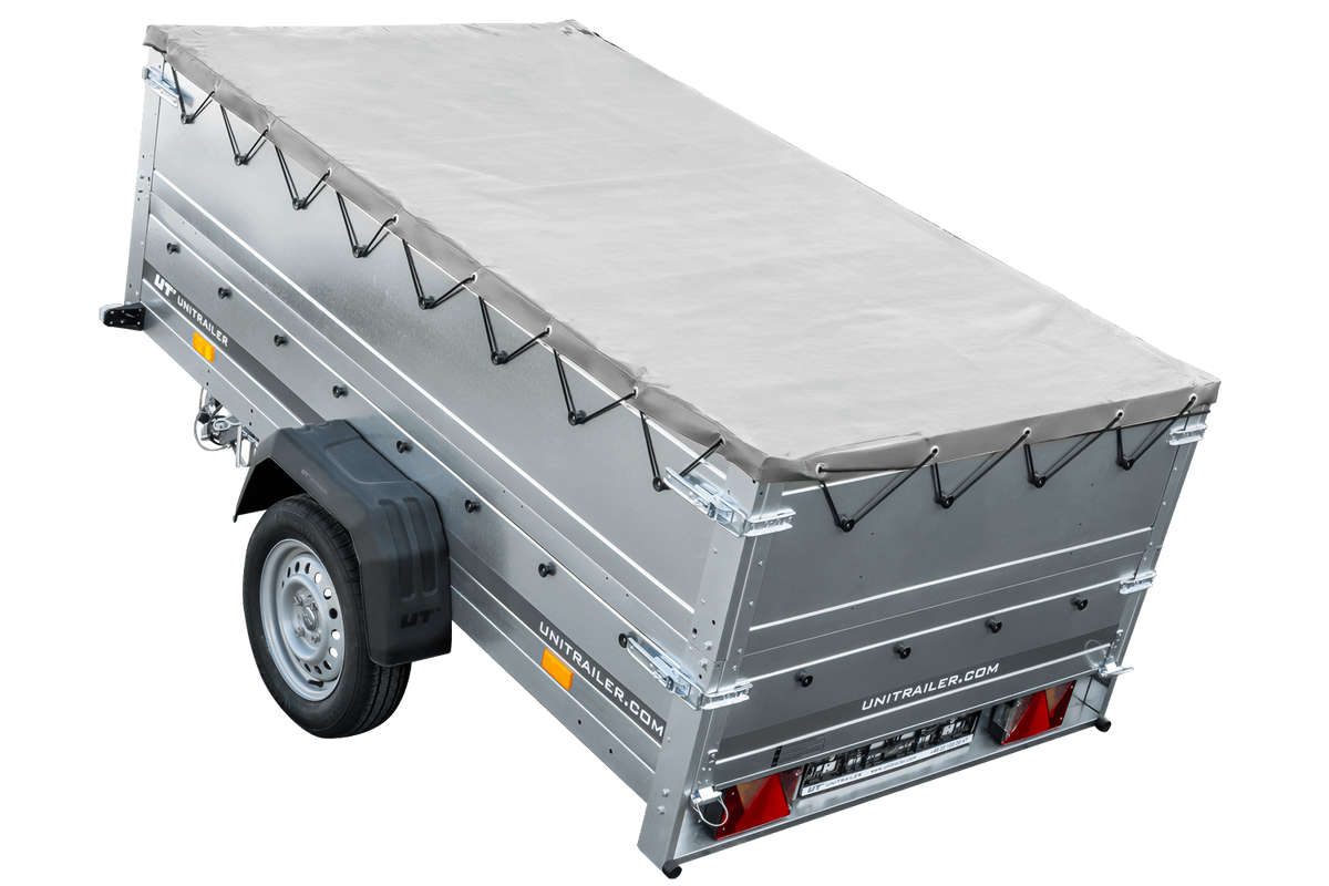 Garden Trailer 230 KIPP Anhänger 230 × 125 cm mit grauer Flachplane, Bordwandaufsätzen und Stützrad
