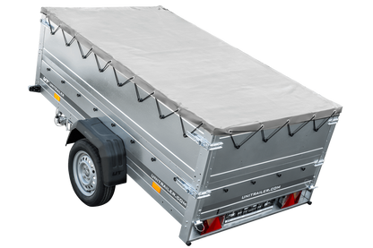 Garden Trailer 230 KIPP Anhänger 230 × 125 cm mit grauer Flachplane, Bordwandaufsätzen und Stützrad