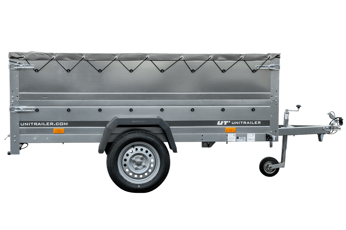 Garden Trailer 230 KIPP Anhänger 230 × 125 cm mit grauer Flachplane, Bordwandaufsätzen und Stützrad