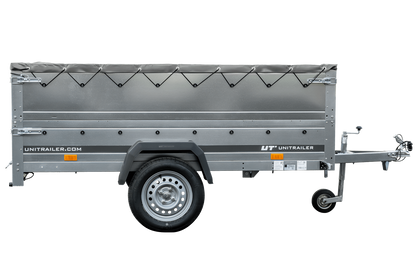 Garden Trailer 230 KIPP Anhänger 230 × 125 cm mit grauer Flachplane, Bordwandaufsätzen und Stützrad