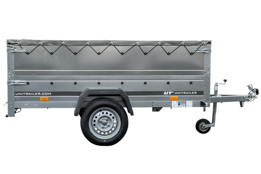 Garden Trailer 230 KIPP Anhänger 230 × 125 cm mit grauer Flachplane, Bordwandaufsätzen und Stützrad