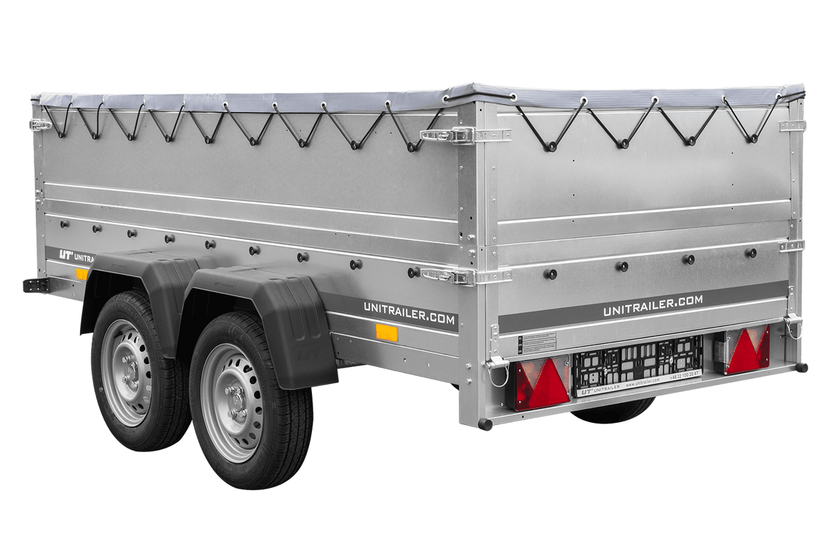 GARDEN TRAILER 264/2 KIPP Zweiachsanhänger mit Stützrad, H-0-Gestell, BIS-Bordwandaufsätzen und grauer Flachplane