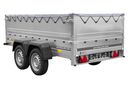 GARDEN TRAILER 264/2 KIPP Zweiachsanhänger mit Stützrad, H-0-Gestell, BIS-Bordwandaufsätzen und grauer Flachplane