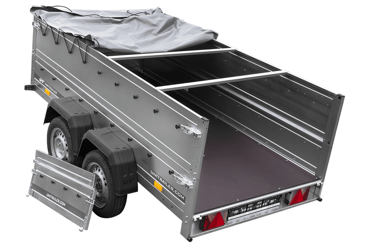 GARDEN TRAILER 264/2 KIPP Zweiachsanhänger mit Stützrad, H-0-Gestell, BIS-Bordwandaufsätzen und grauer Flachplane