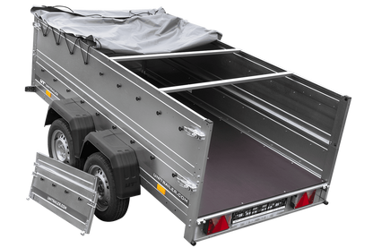 GARDEN TRAILER 264/2 KIPP Zweiachsanhänger mit Stützrad, H-0-Gestell, BIS-Bordwandaufsätzen und grauer Flachplane