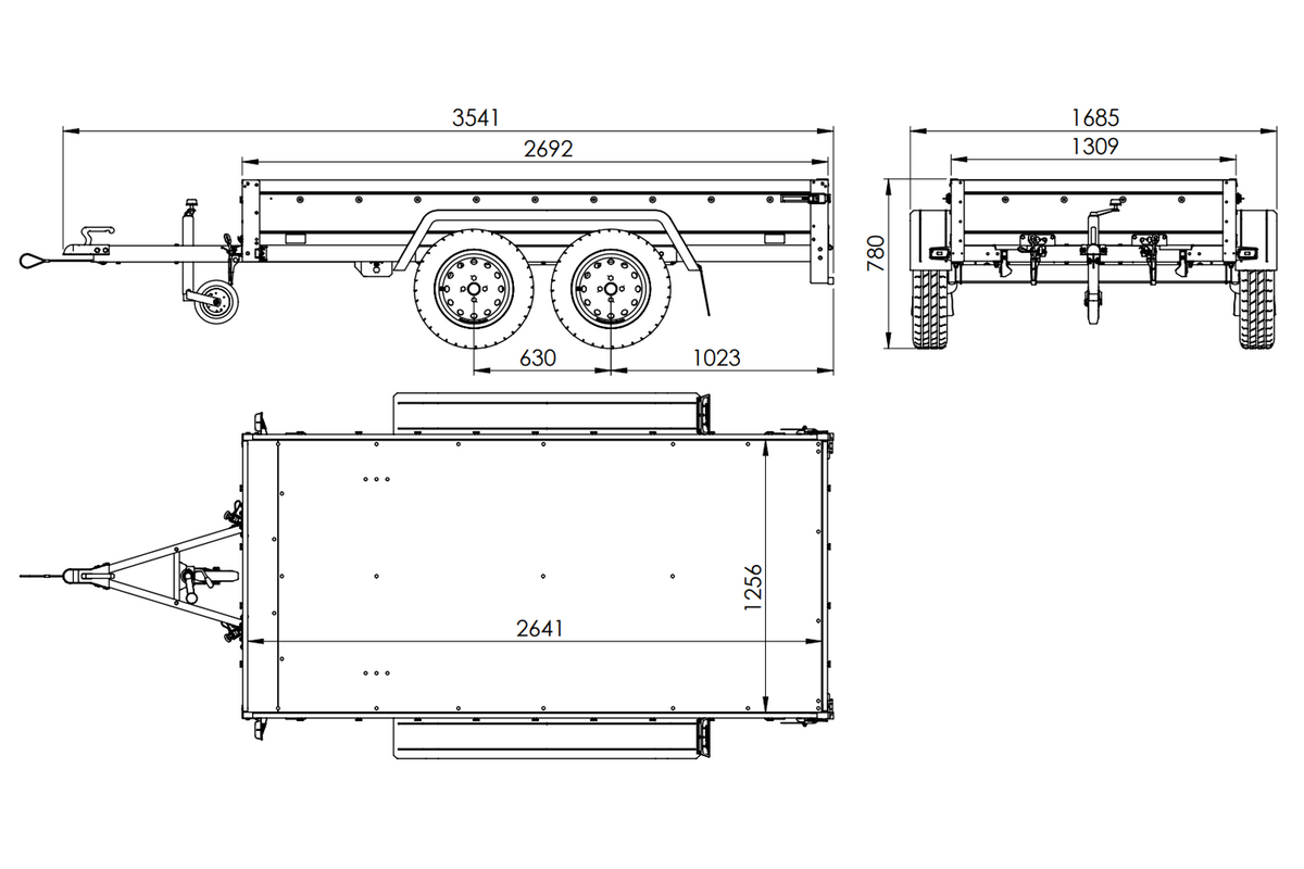 GARDEN TRAILER 264/2 KIPP Zweiachsanhänger mit Stützrad, H-0-Gestell, BIS-Bordwandaufsätzen und grauer Flachplane